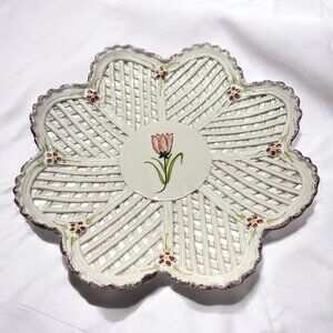 Vintage Berardos Portugal Hand Painted Lattice Basket Bowl 11.5” TULIP Design
